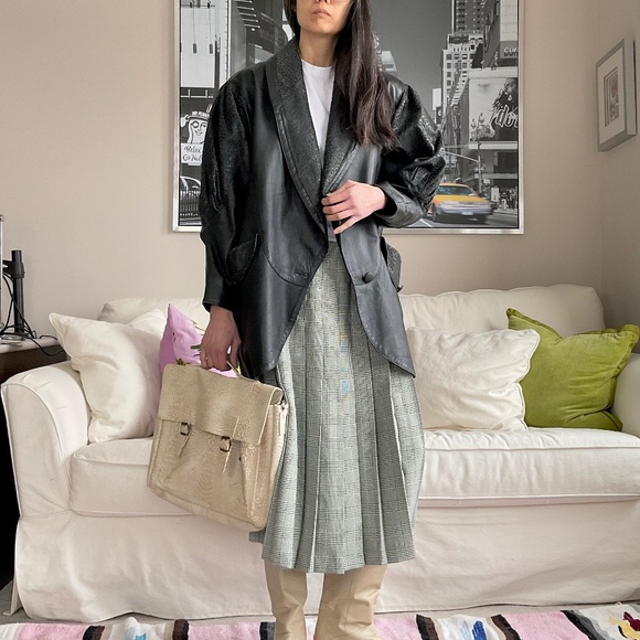 Vintage black leather puff sleeve sueded abstract dot patterned jacket - Picture 1 of 16